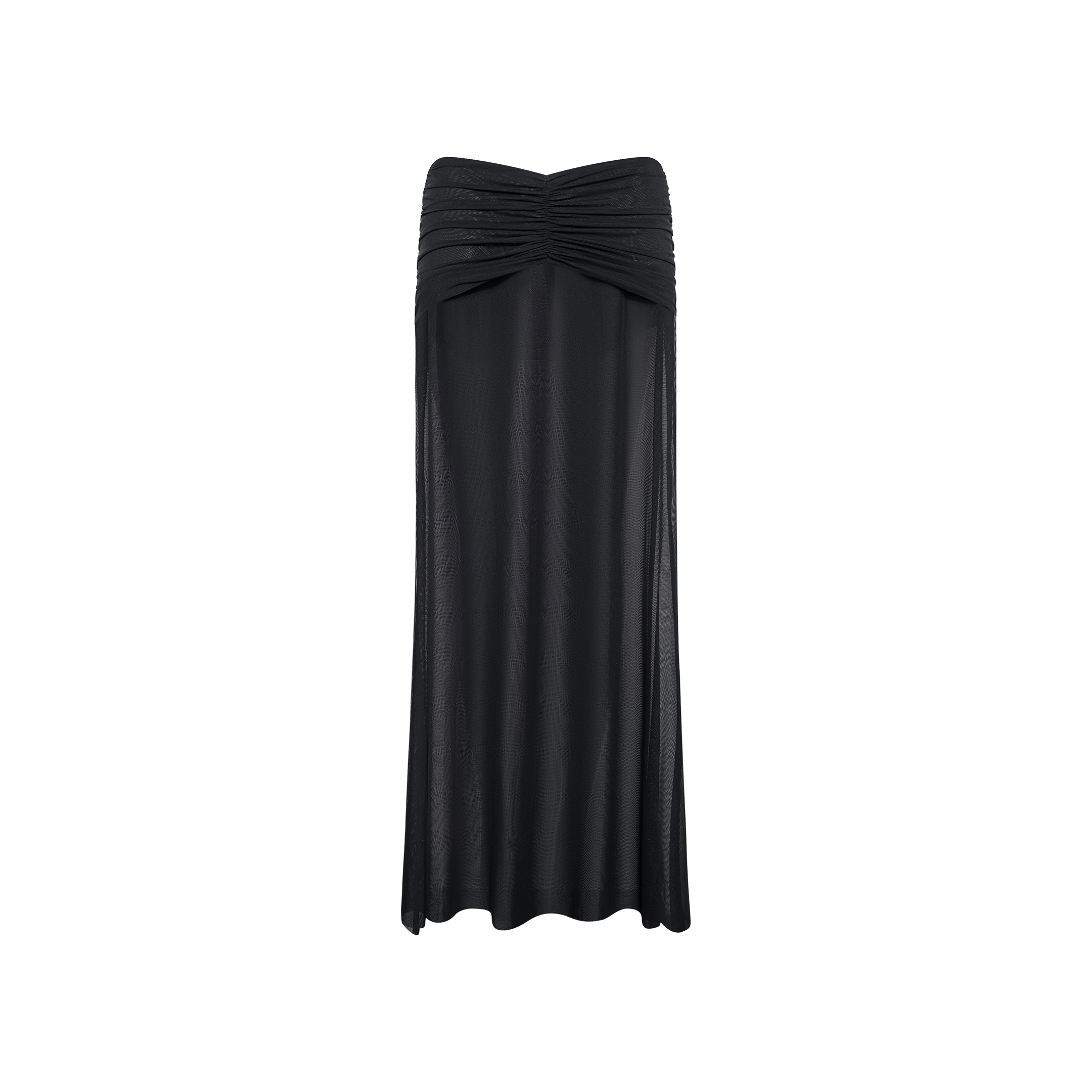The Mahe Mesh Cover-Up Skirt is a black, semi-sheer maxi skirt featuring ruching at the top and a flowing, slightly flared mermaid silhouette—perfect for layering poolside or dressing up for an evening out.
