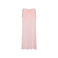 Mahe Mesh Cover-Up Skirt in light pink, featuring a ruched bodice and a flowing, slightly flared mermaid silhouette, displayed on a plain white background.