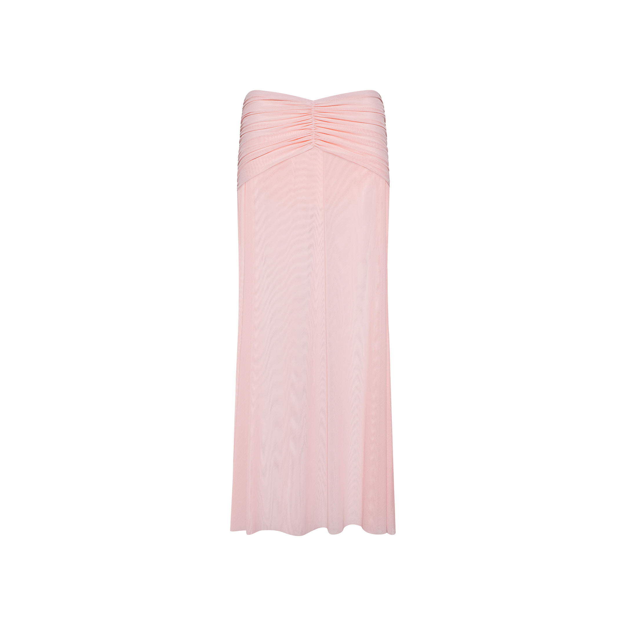 Mahe Mesh Cover-Up Skirt in light pink, featuring a ruched bodice and a flowing, slightly flared mermaid silhouette, displayed on a plain white background.