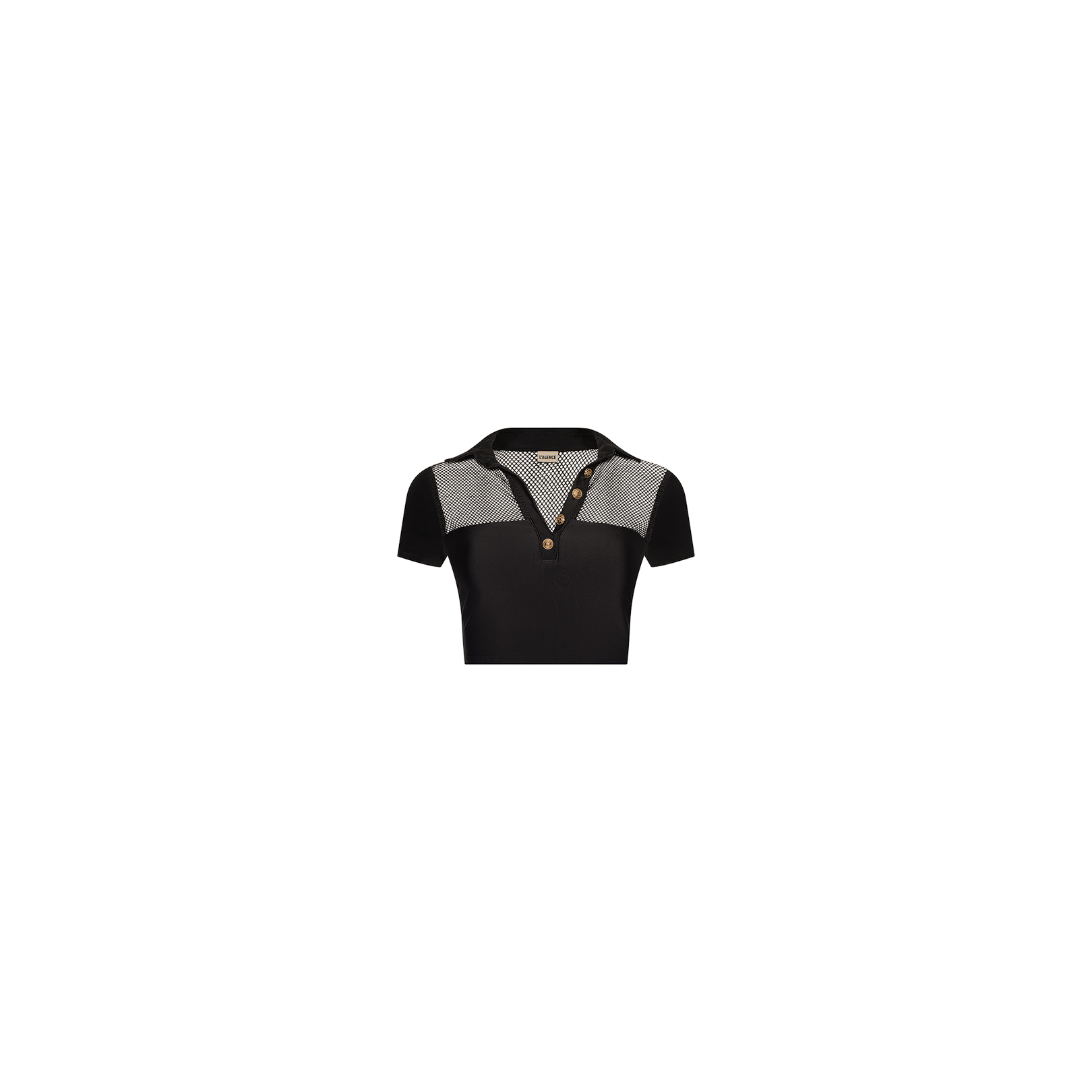 Experience beachside sophistication with the Anastasia Swim Top—a black short-sleeve polo featuring a checkered collar and upper chest panel, button placket, and a fitted silhouette. Designed with UPF 50 protection, this top is displayed on a plain white background.