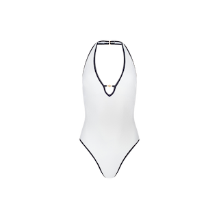 The Breana Plunge One-Piece Swimsuit features a white design with a deep V-neckline, halter straps, and bold black trim outlining the edges, offering contemporary bottom coverage. Displayed on a plain white background.