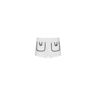 Introducing the Amiya Cover-Up Short: white terrycloth shorts with two front pockets outlined in black, each accented by a gold and black circular button—perfect for poolside lounging. Shown against a plain white background.