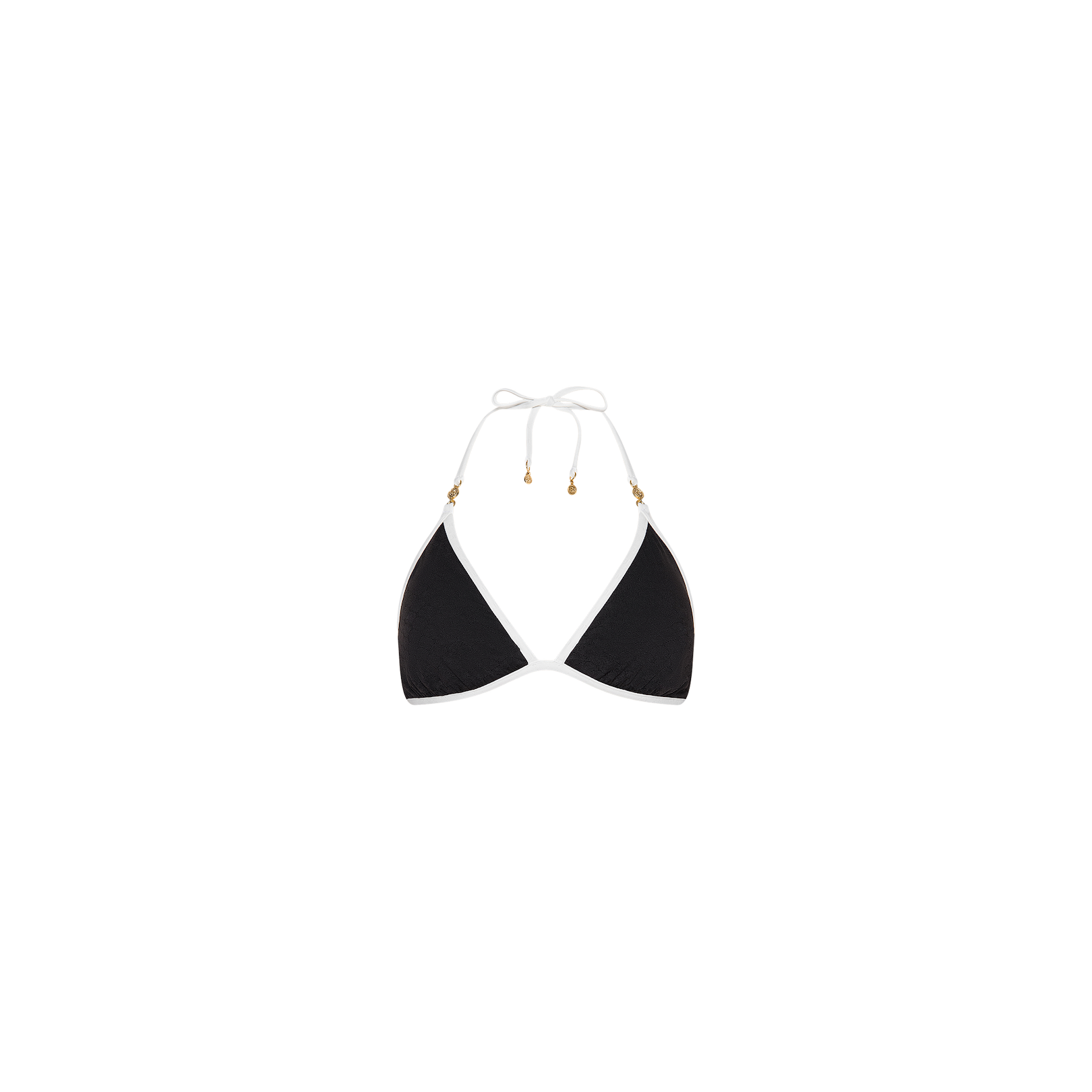 Annabelle Bikini Top featuring a black triangle design with white edging and slim white halter neck ties, accented by gold details at the ends of the ties. Displayed against a plain white background, this adjustable swimwear provides both style and comfort, making it a versatile choice for any beach day.