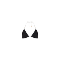 The Annabelle Bikini Top is a black triangle bikini top with a halter neck tie and gold embellishments at the ends of the strings, designed for an adjustable fit and shown against a plain white background.