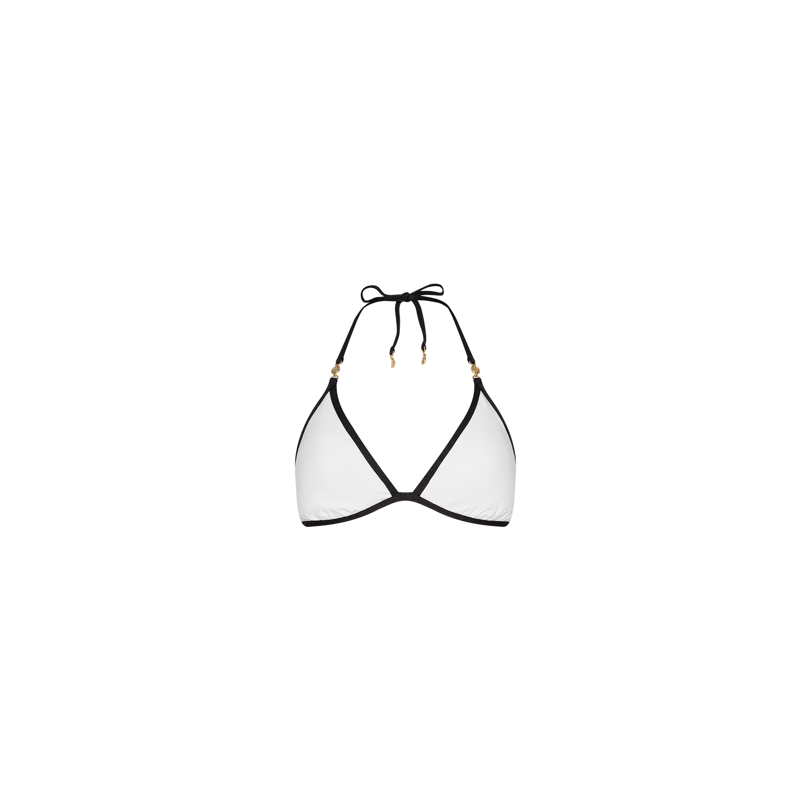 The Annabelle Bikini Top is a white triangle bikini top with black trim and gold accents, featuring a halter neck and an adjustable tie at the back for a customizable swimsuit fit, displayed against a plain white background.