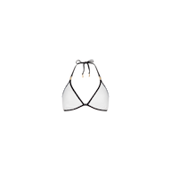 The Annabelle Bikini Top features a white triangle silhouette with black trim and adjustable string ties at the neck and back, ensuring a customizable fit. It is displayed on a plain white background.