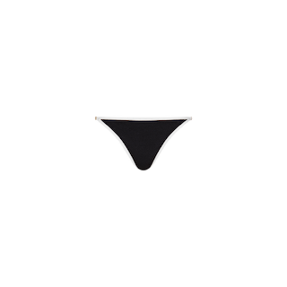 The Violet String Bikini Bottom, featuring a black design with white trim, offers moderate coverage and UPF 50 protection, and is displayed flat against a plain white background.