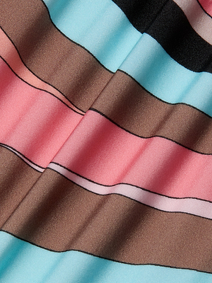 A close-up of the Karmin One-Piece Swimsuit fabric with blue, pink, peach, brown, and black stripes. Its smooth, slightly shiny texture and visible folds add chic appeal to this stylish one-shoulder swimsuit.
