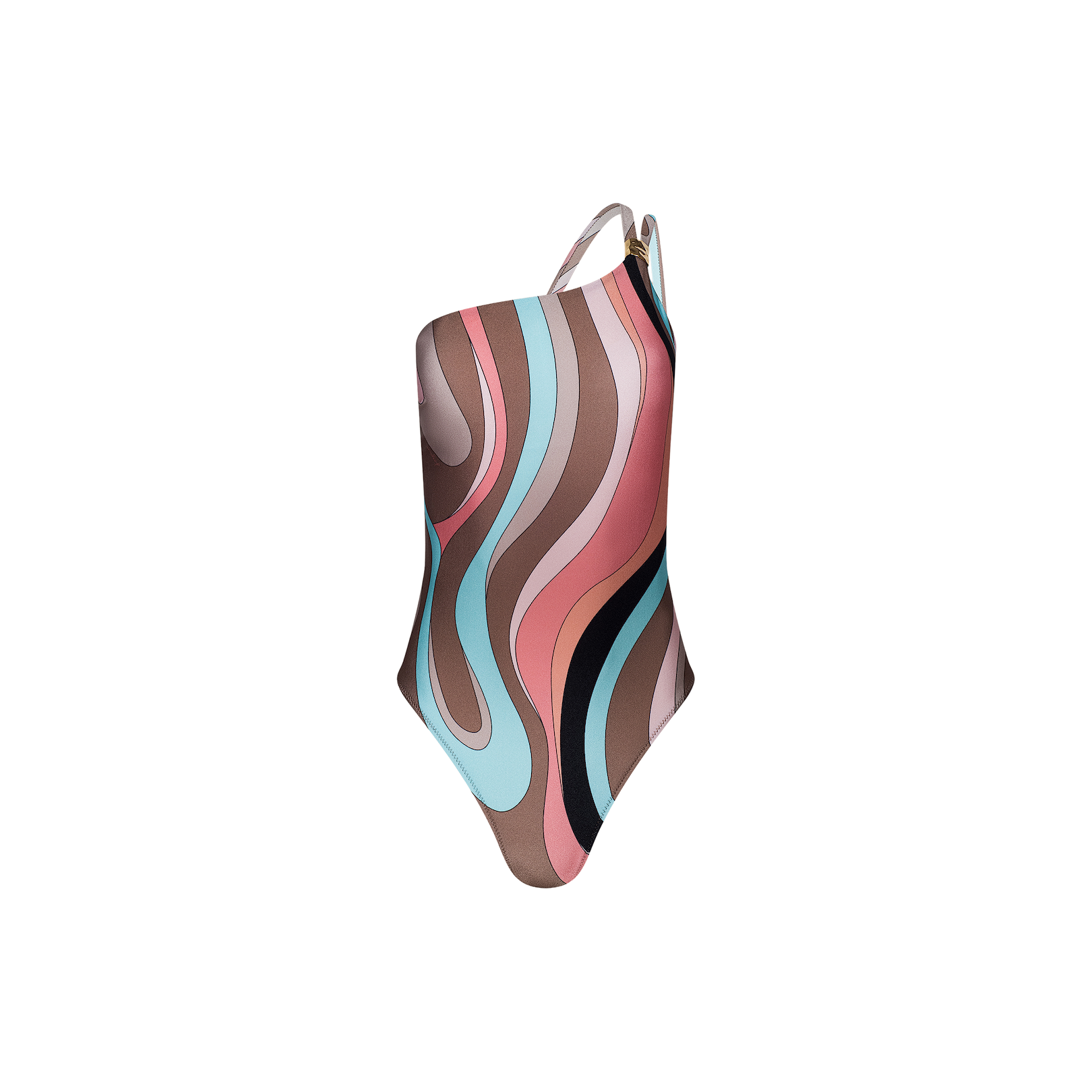The Karmin One-Piece Swimsuit features a one-shoulder design with a retro wavy swirl print in pink, brown, blue, and black on a white background.