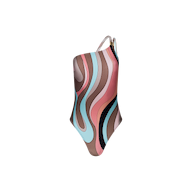 The Karmin One-Piece Swimsuit features a one-shoulder design with a retro wavy swirl print in pink, brown, blue, and black on a white background.