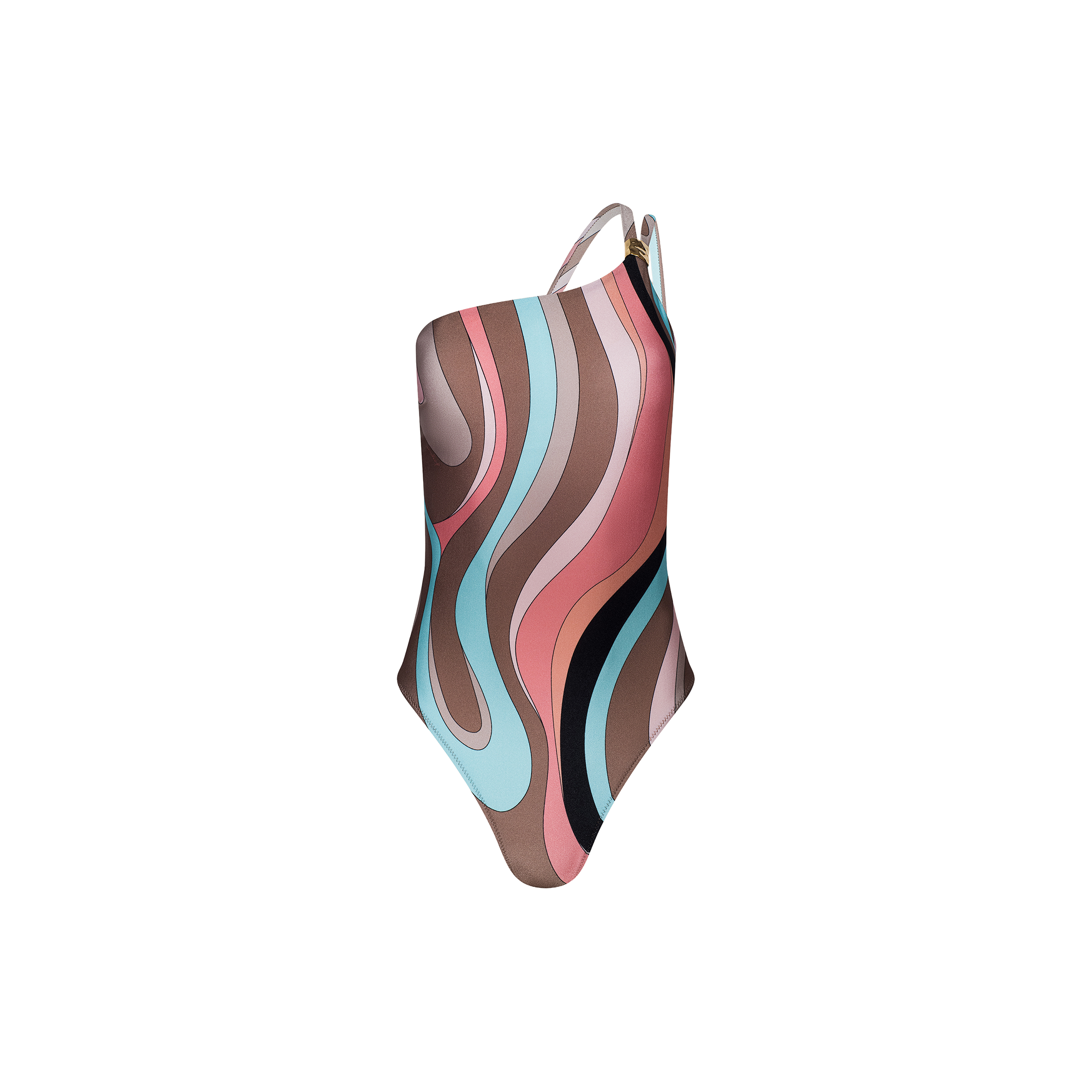 The Karmin One-Piece Swimsuit features a one-shoulder design with a retro wavy swirl print in pink, brown, blue, and black on a white background.