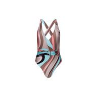 The Lisa Plunge One-Piece Swimsuit features a plunging neckline, crisscross straps, a belted waist, and a vibrant abstract swirl print in pink, beige, blue, and black tones.