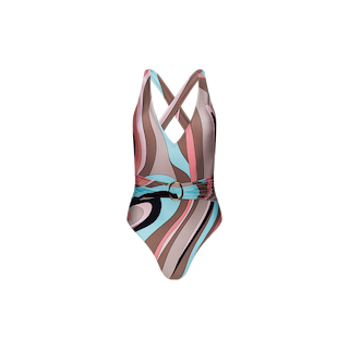 The Lisa Plunge One-Piece Swimsuit features a plunging neckline, crisscross straps, a belted waist, and a vibrant abstract swirl print in pink, beige, blue, and black tones.
