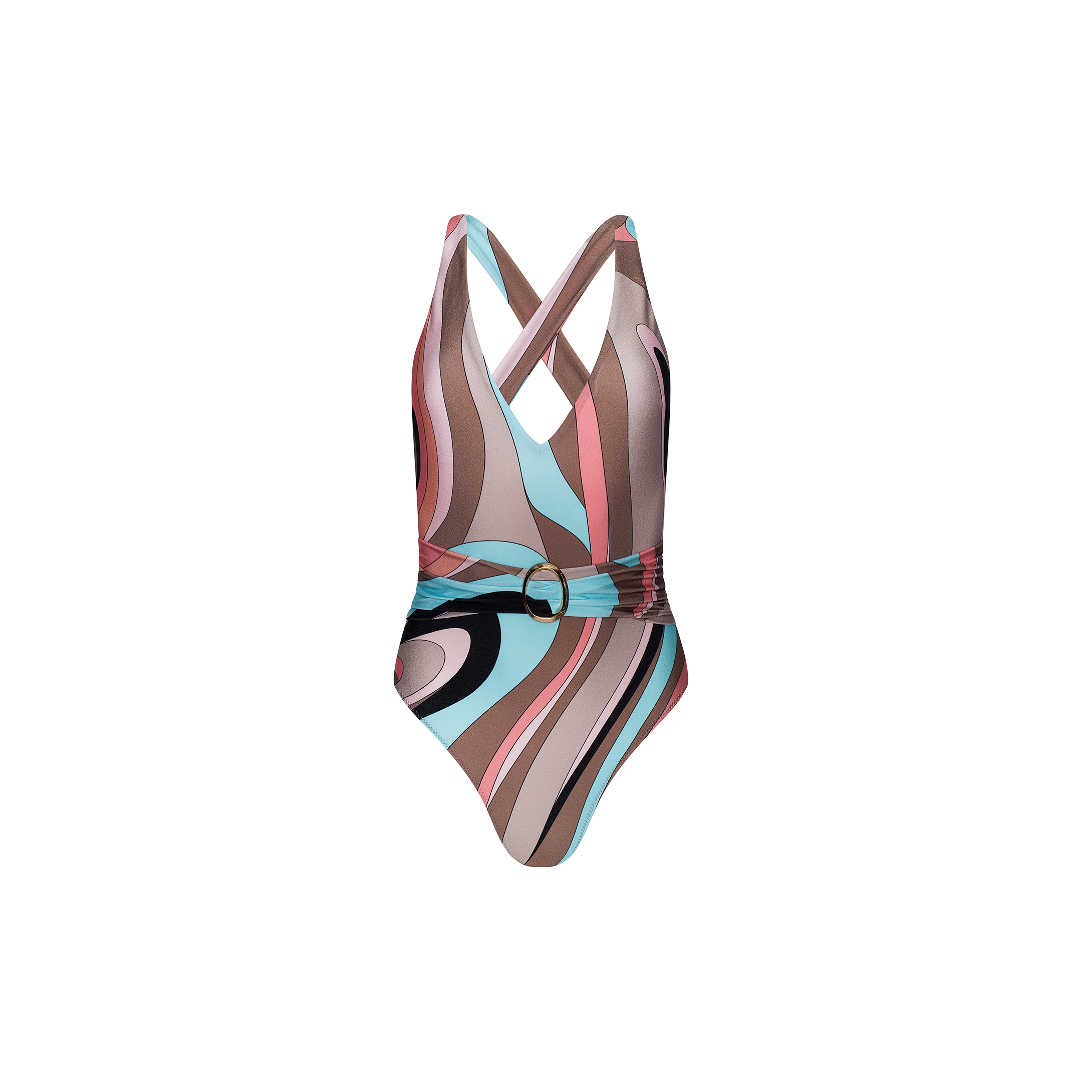 The Lisa Plunge One-Piece Swimsuit features a plunging neckline, crisscross straps, a belted waist, and a vibrant abstract swirl print in pink, beige, blue, and black tones.