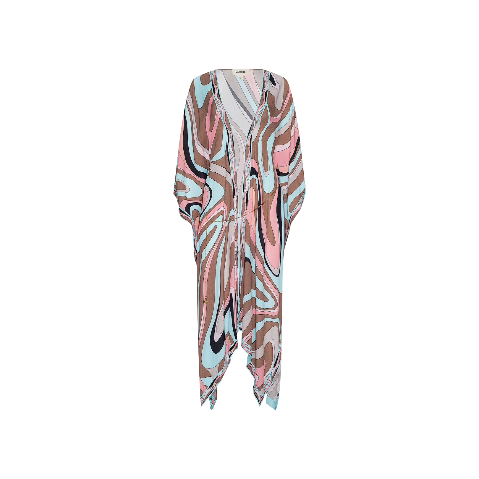 The Kara Kimono Cover-Up is a knee-length, short-sleeved kaftan made from viscose crepe and showcases a vibrant abstract swirl pattern in pink, blue, brown, and white tones. Ideal as a chic beachwear cover-up, it is shown against a plain white background.