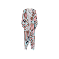 The Kara Kimono Cover-Up is a knee-length, short-sleeved kaftan made from viscose crepe and showcases a vibrant abstract swirl pattern in pink, blue, brown, and white tones. Ideal as a chic beachwear cover-up, it is shown against a plain white background.