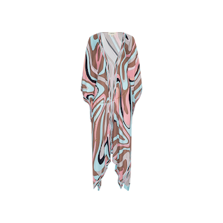 The Kara Kimono Cover-Up is a loose, knee-length dress with short sleeves, featuring a colorful abstract swirl print in blue, pink, brown, and white tones. Crafted from soft viscose crepe fabric and displayed on a plain white background, it’s perfect as a beach cover up or for casual summer outings.
