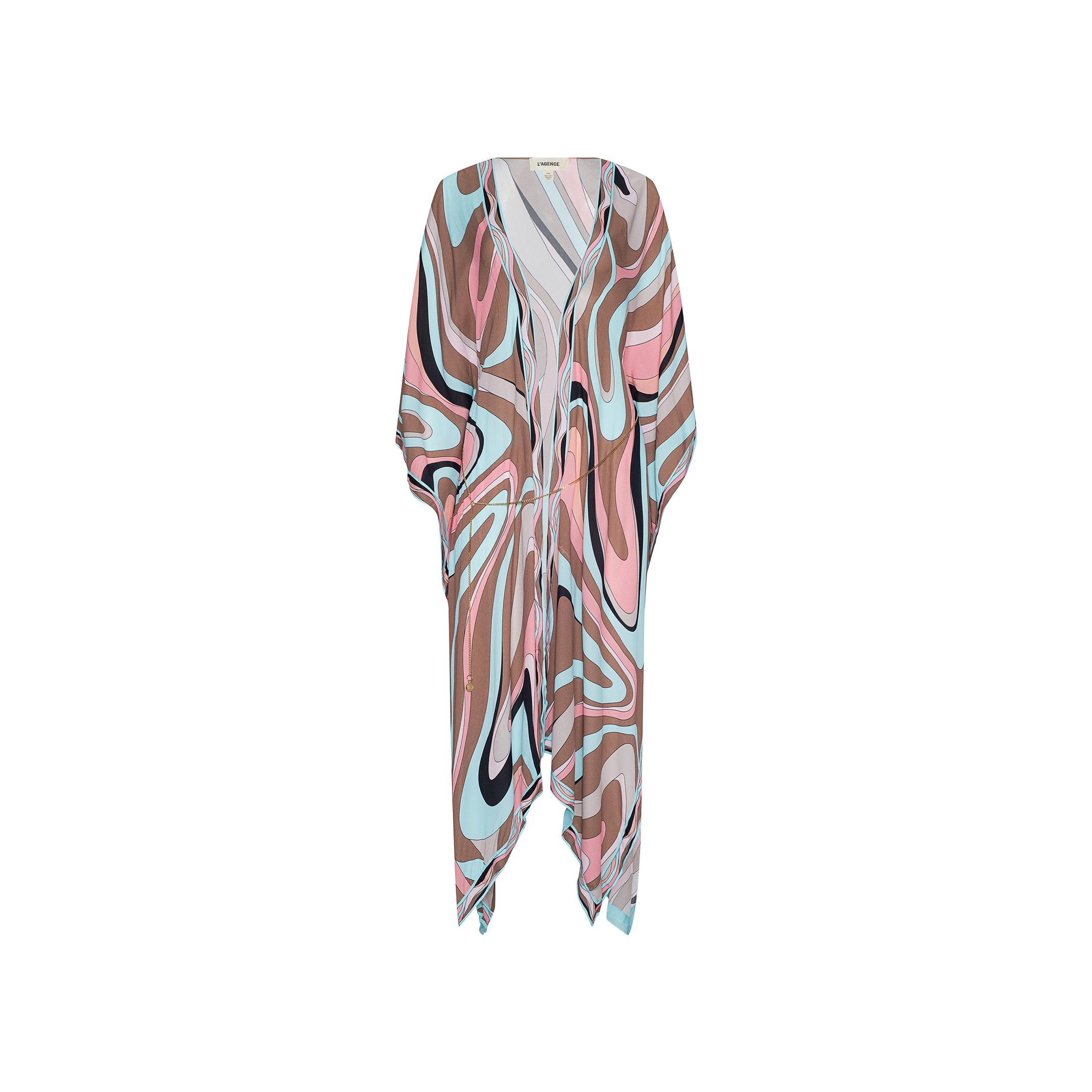The Kara Kimono Cover-Up is a knee-length, short-sleeved kaftan made from viscose crepe and showcases a vibrant abstract swirl pattern in pink, blue, brown, and white tones. Ideal as a chic beachwear cover-up, it is shown against a plain white background.
