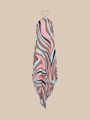 The Elise Cover-Up Dress is a sleeveless halter midi with a handkerchief hem, made from water-safe crepe and displaying an abstract swirl print in pastel pink, blue, brown, and black on beige.