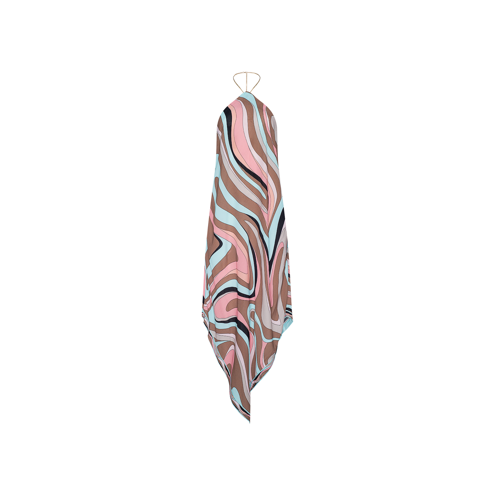 The Elise Cover-Up Dress is a sleeveless halter midi dress with a halter neckline, crafted from water-safe crepe and showcasing an abstract swirling pattern in shades of pink, brown, blue, and black. Perfect as a vibrant beach cover-up or for stylish summer days, it is displayed against a plain white background.