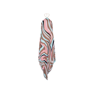 The Elise Cover-Up Dress is a sleeveless halter midi dress with a halter neckline, crafted from water-safe crepe and showcasing an abstract swirling pattern in shades of pink, brown, blue, and black. Perfect as a vibrant beach cover-up or for stylish summer days, it is displayed against a plain white background.