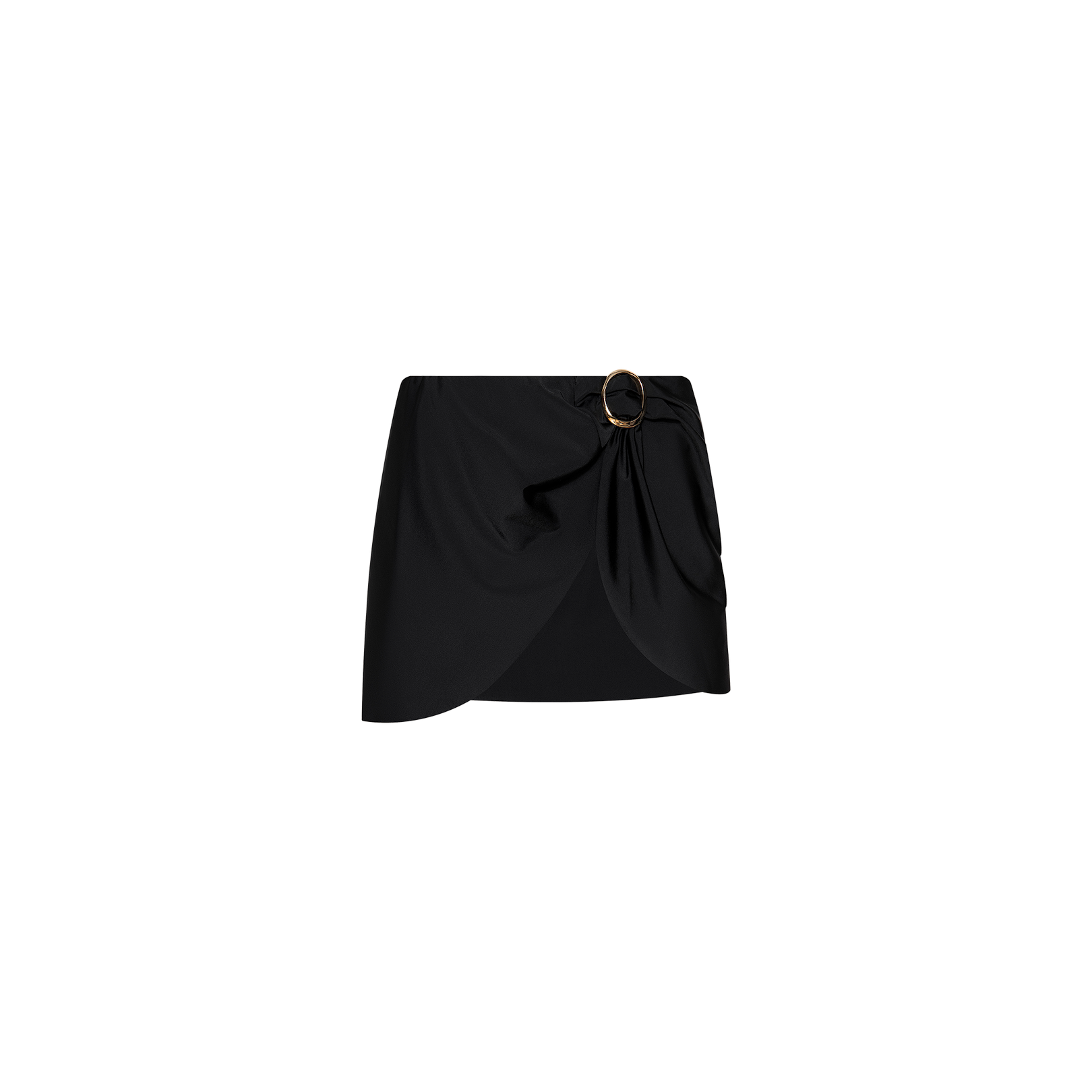 The Chandra Cover-Up Skirt is a black mini with an asymmetrical hem and side draping, accented by a decorative gold hardware buckle on the waistband. Displayed against a plain white background.