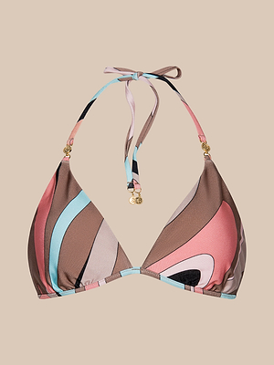 The Annabelle Bikini Top features a triangle silhouette with a colorful abstract swirl print in brown, pink, black, and light blue. It has a halter neck tie, gold accents, and is showcased on a neutral beige background.