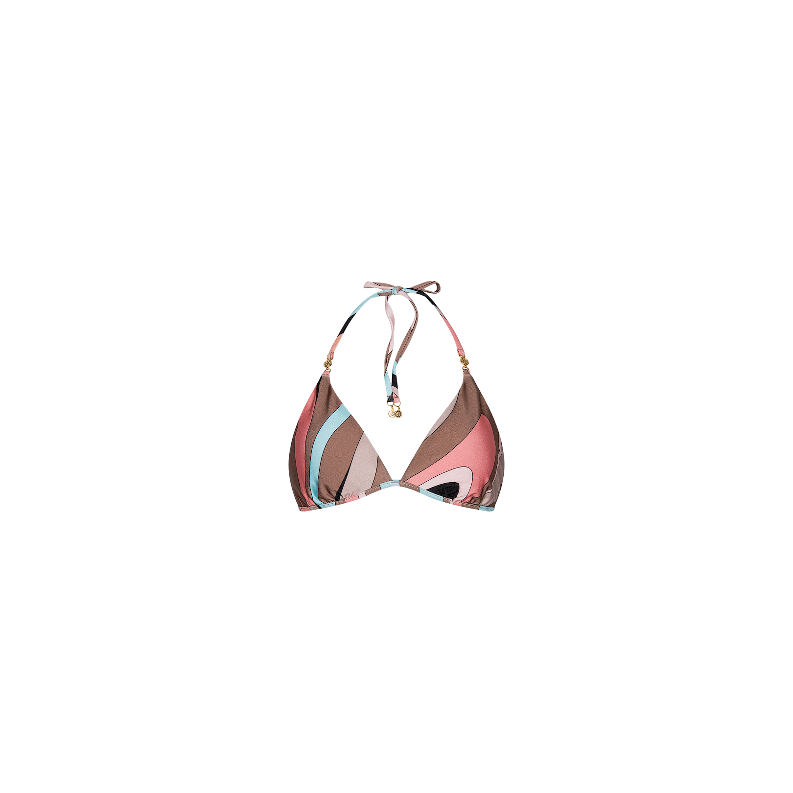 The Annabelle Bikini Top features a triangle silhouette with an abstract swirl print in pink, brown, teal, and black, accented by gold details on the straps. Made from UPF 50 stretch nylon and presented against a plain white background.