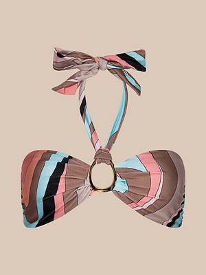 The Krysta Halter Bikini Top features an abstract swirl print in brown, pink, blue, and black on a beige background, with a gold ring at the center and a halter neck tie.