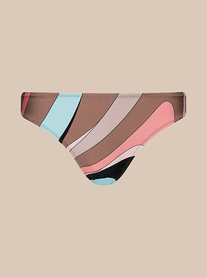 The Nicole Bikini Bottom features an abstract swirl print in brown, pink, coral, blue, and black on UPF 50 stretch nylon, shown against a beige backdrop.