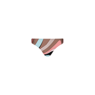 The Nicole Bikini Bottom showcases a multicolored abstract swirl print with curved stripes in brown, pink, blue, and black on a white background. Made from UPF 50 stretch nylon for sun protection and comfort, this style delivers moderate coverage and a flattering fit.