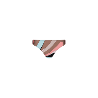 The Nicole Bikini Bottom showcases a multicolored abstract swirl print with curved stripes in brown, pink, blue, and black on a white background. Made from UPF 50 stretch nylon for sun protection and comfort, this style delivers moderate coverage and a flattering fit.