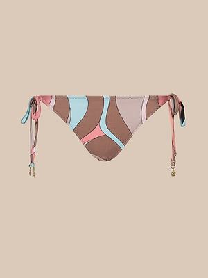 The Britt Tie-Side Bikini Bottom features an abstract swirl print in brown, pink, blue, and beige with adjustable tie sides adorned with gold charms. This UPF 50 swimwear is shown against a plain beige background.