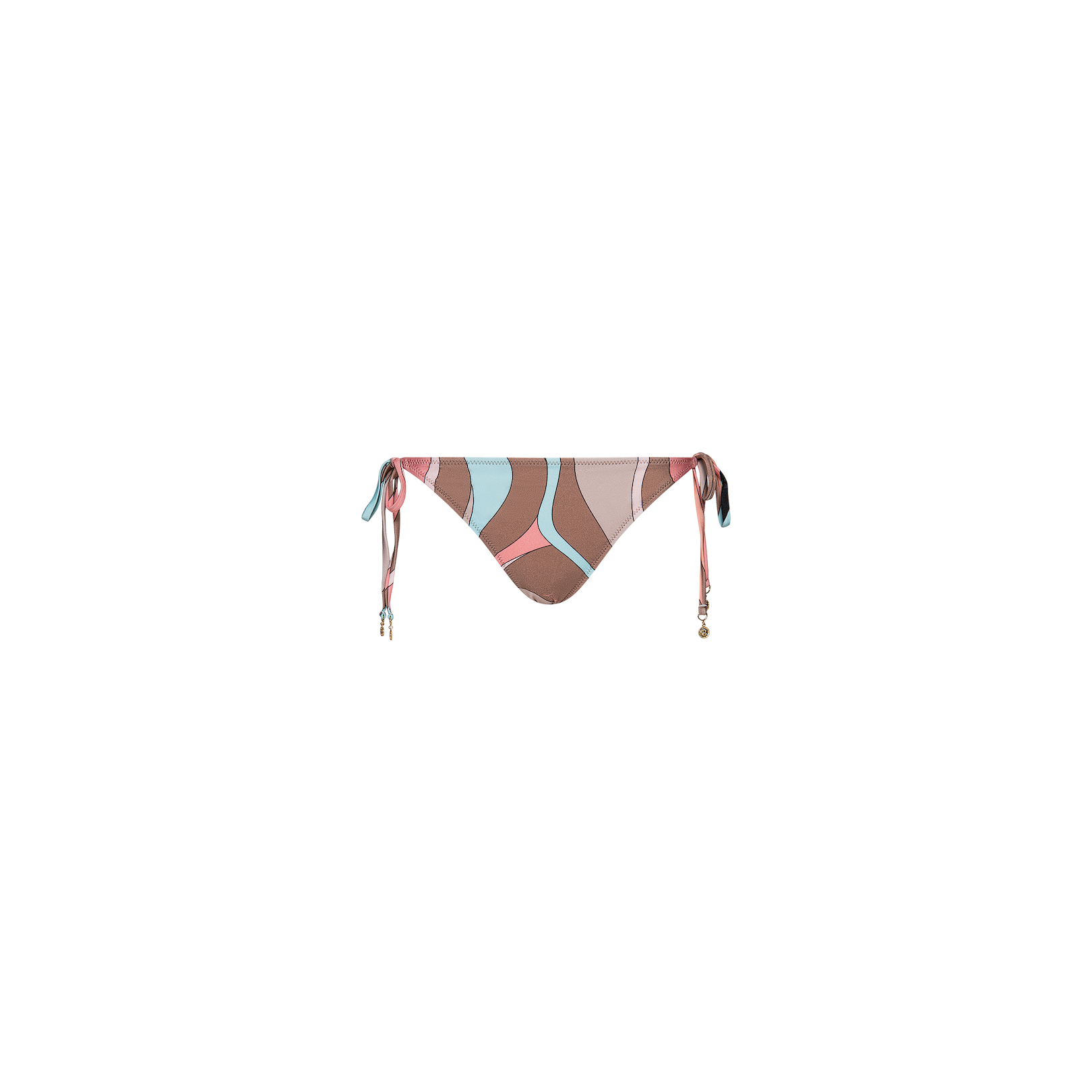 The Britt Tie-Side Bikini Bottom is a multicolor abstract swirl print bikini bottom with adjustable tie sides and small beaded details, made from UPF 50 stretch nylon and shown on a plain white background.