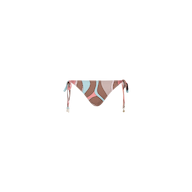 The Britt Tie-Side Bikini Bottom is a multicolor abstract swirl print bikini bottom with adjustable tie sides and small beaded details, made from UPF 50 stretch nylon and shown on a plain white background.