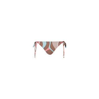 The Britt Tie-Side Bikini Bottom is a multicolor abstract swirl print bikini bottom with adjustable tie sides and small beaded details, made from UPF 50 stretch nylon and shown on a plain white background.