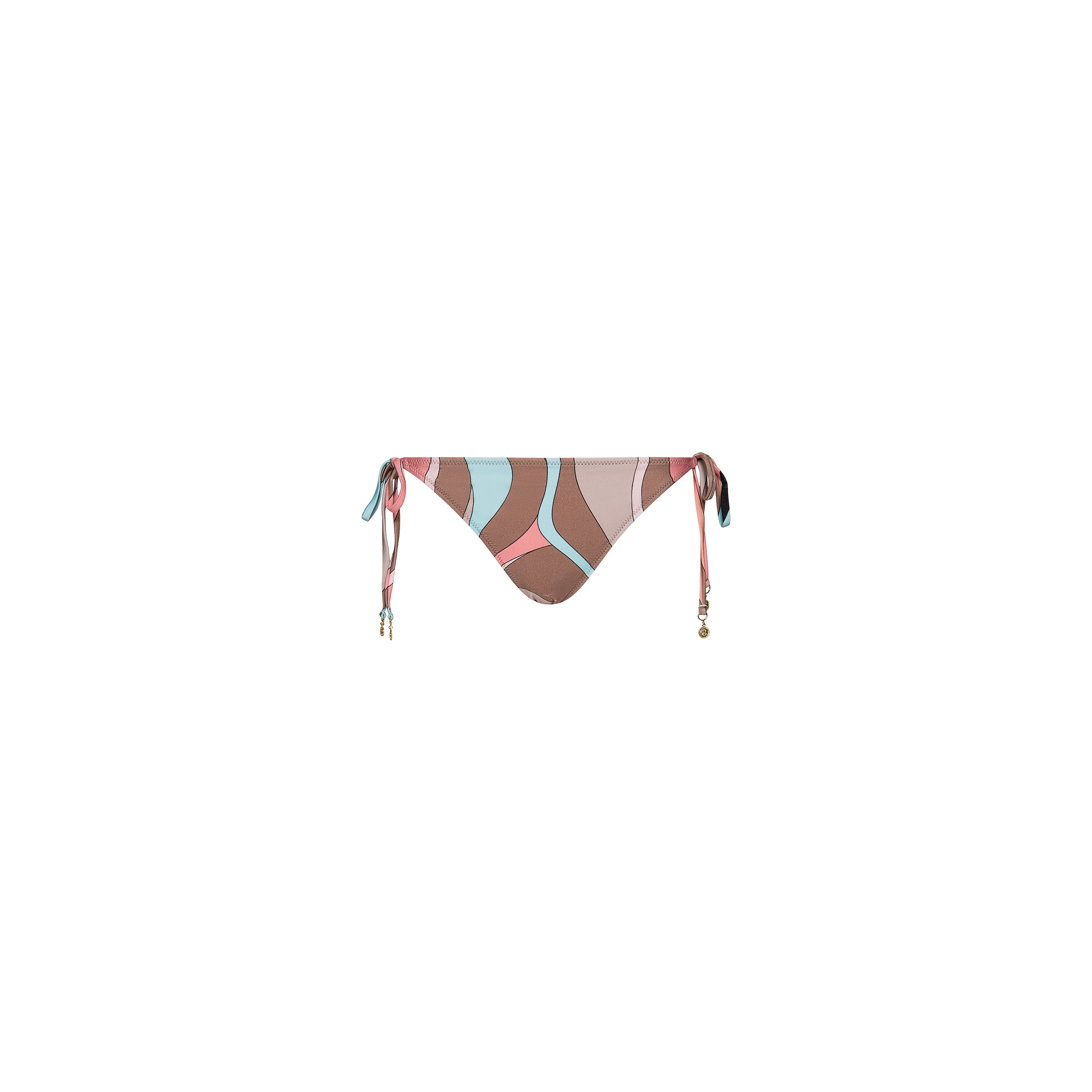 The Britt Tie-Side Bikini Bottom is a multicolor abstract swirl print bikini bottom with adjustable tie sides and small beaded details, made from UPF 50 stretch nylon and shown on a plain white background.