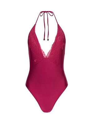 The Terra One-Piece Swimsuit in magenta features a deep V neckline, lace-trimmed cups, and stylish halter neck ties.