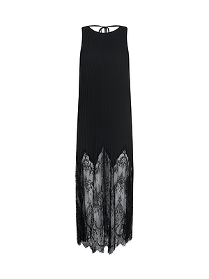 The Adalynn Cover-Up Dress is a sleeveless black chiffon piece with a pleated bodice, sheer lace lower panel, scalloped hem, high neckline, and a back bow closure—perfect for chic getaways.