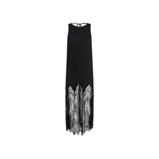 Introducing the Adalynn Cover-Up Dress: an elegant black lace dress featuring a sleeveless design with a high neckline, pleated chiffon fabric, and a sheer lace hem detailed with intricate floral patterns. Its loose, flowy silhouette allows for effortless movement, while a charming tie detail at the back of the neck makes this chic dress perfect for your next resort getaway.