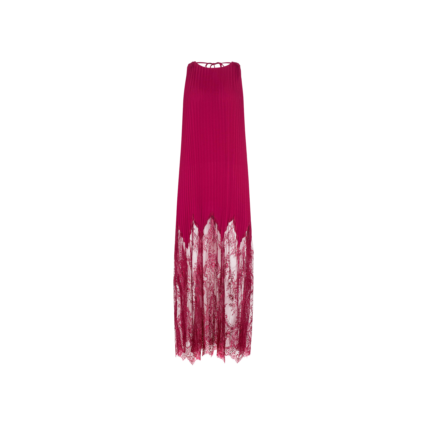 The Adalynn Cover-Up Dress is a sleeveless magenta chiffon dress with pleats, featuring a high neckline and a sheer lace hem that extends to the ankles, displayed on a white background. Perfect as a resort dress for your next getaway.