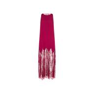 The Adalynn Cover-Up Dress is a sleeveless magenta chiffon dress with pleats, featuring a high neckline and a sheer lace hem that extends to the ankles, displayed on a white background. Perfect as a resort dress for your next getaway.