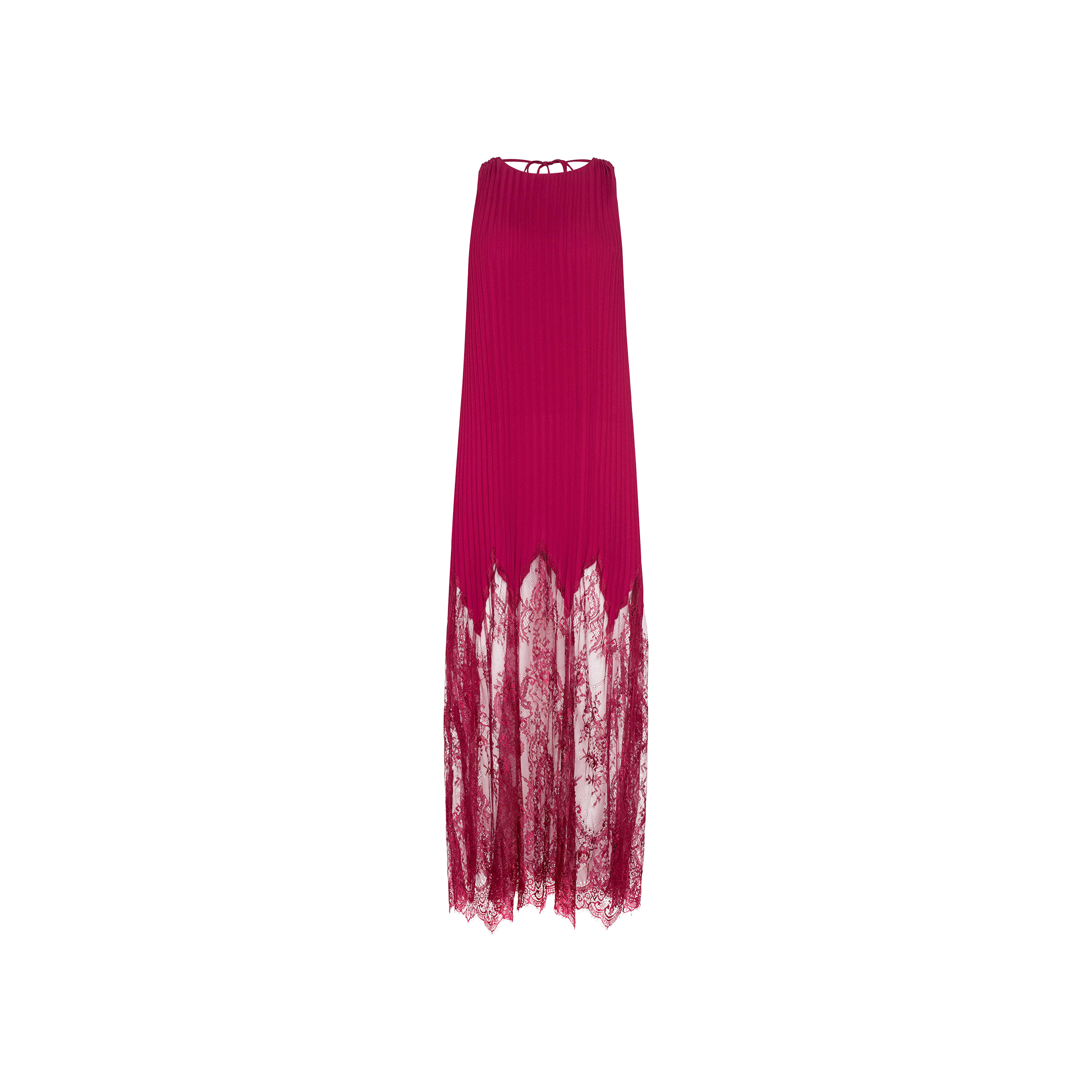 The Adalynn Cover-Up Dress is a sleeveless magenta chiffon dress with pleats, featuring a high neckline and a sheer lace hem that extends to the ankles, displayed on a white background. Perfect as a resort dress for your next getaway.