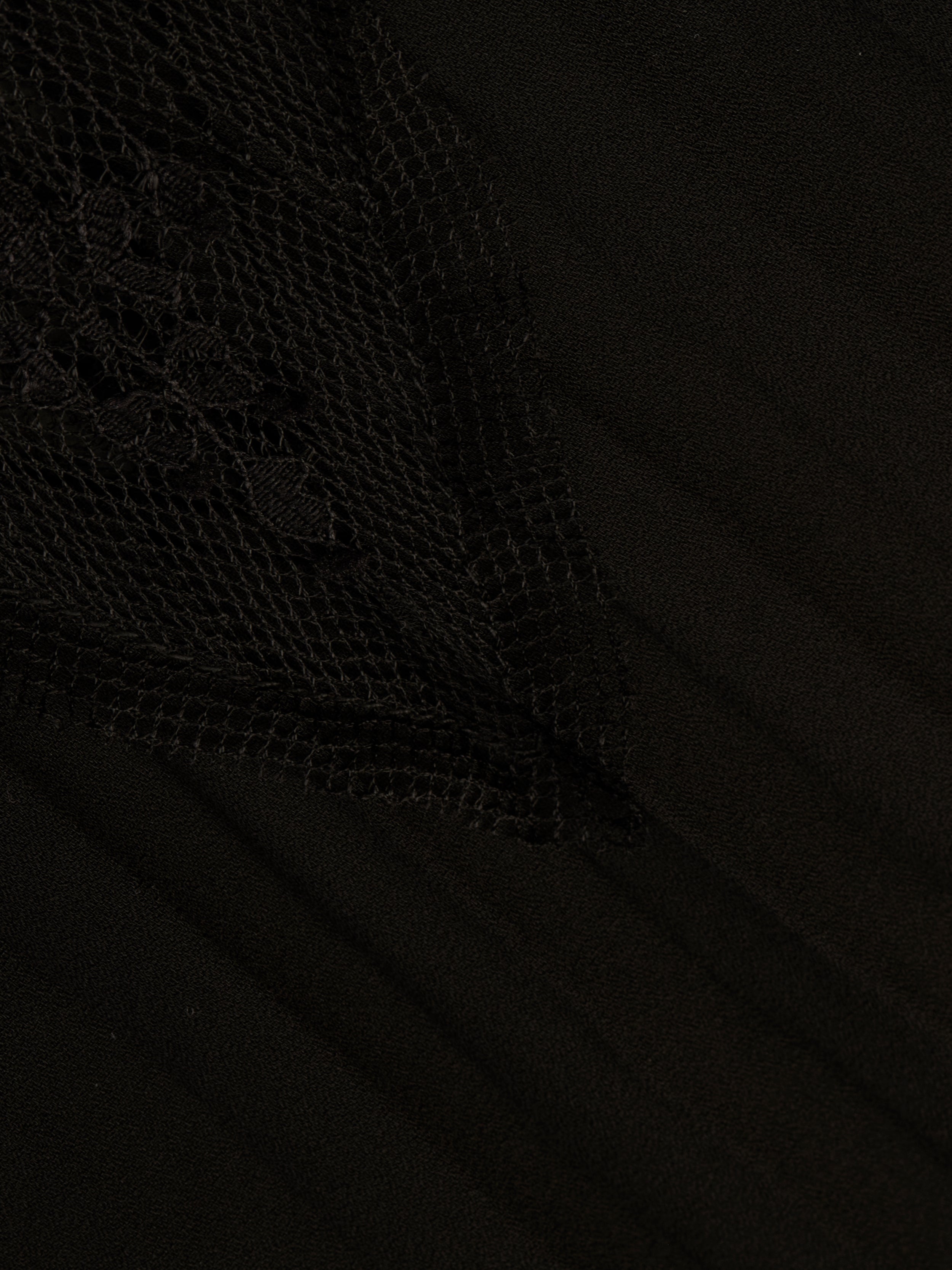 Close-up of the Sharon Cover-Up Pant in black, featuring a textured, triangular sheer lace overlay with intricate floral patterns on the left side, layered over smooth fabric.