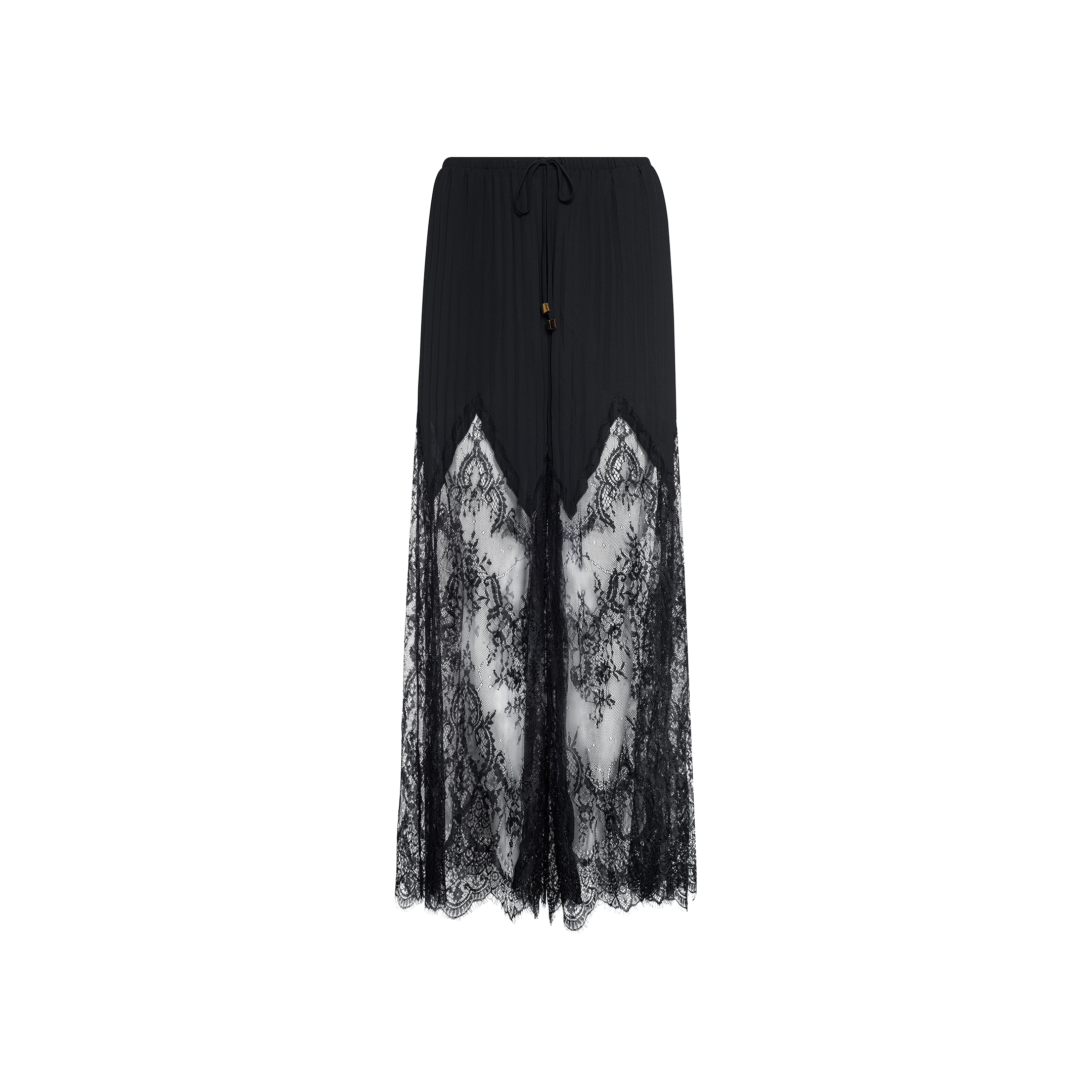 A Sharon Cover-Up Pant in black, featuring sheer lace panels and intricate floral lace detailing, designed with a drawstring waist and scalloped hem, displayed against a plain white background.