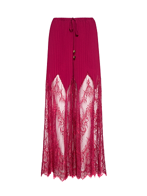 The Sharon Cover-Up Pant is a high-waisted, sheer lace red pant with a drawstring waistband and detailed floral patterns, partially see-through from mid-thigh to hem.