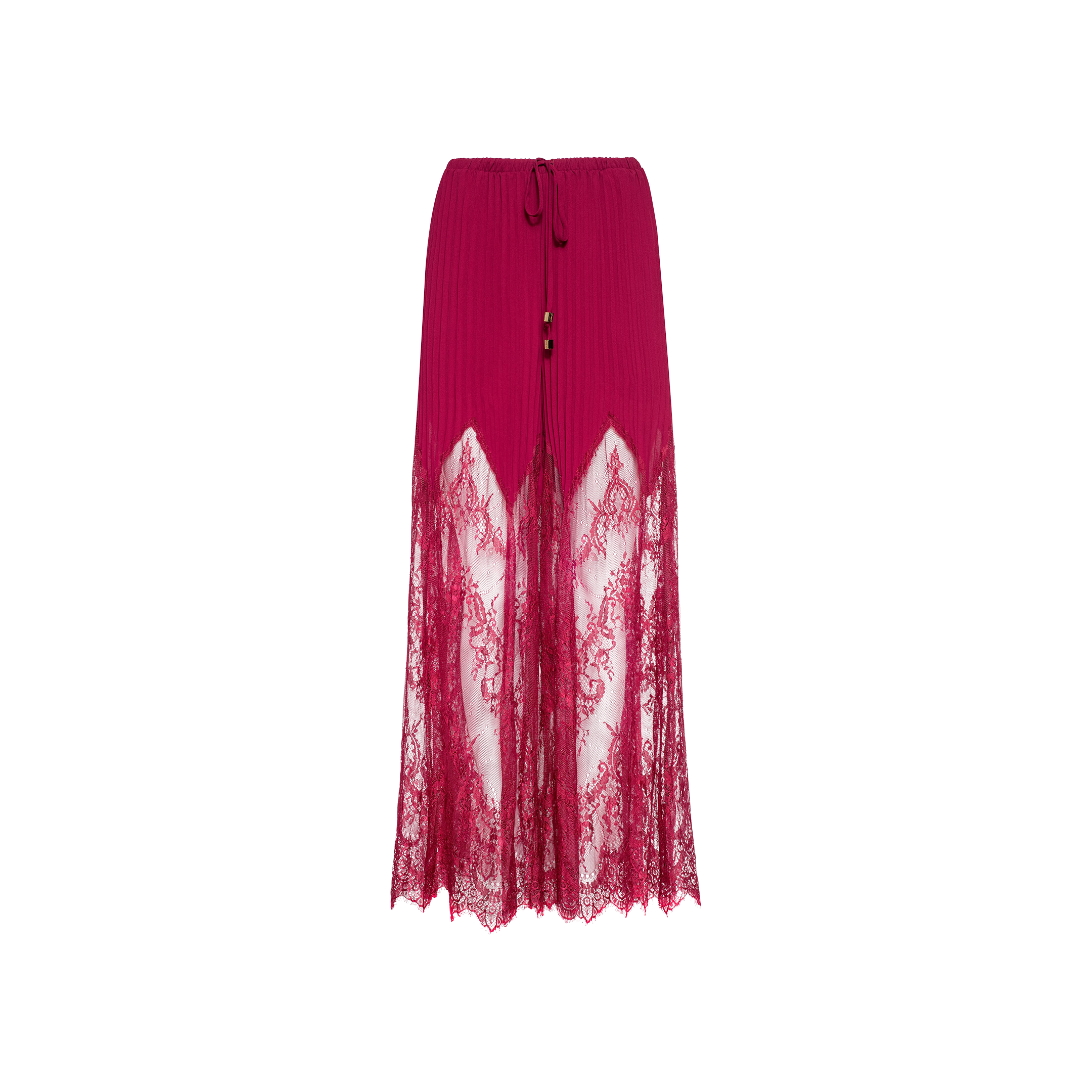 The Sharon Cover-Up Pant is a long, deep pink skirt featuring pleated chiffon at the top, sheer lace panels extending from mid-thigh to hem, a tie waist, and two decorative beads. It is displayed against a plain white background.