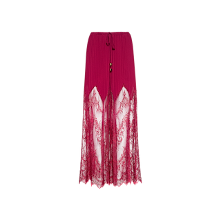 The Sharon Cover-Up Pant is a long magenta pant with pleated chiffon accents and sheer lace panels, featuring a drawstring waist, delicate floral lace detailing, and a flowy, feminine silhouette.