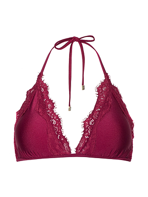 The Annabelle Triangle Bikini Top features a burgundy hue, lace trim, adjustable ties, a halter neck, and soft triangle cups, shown on a white background.