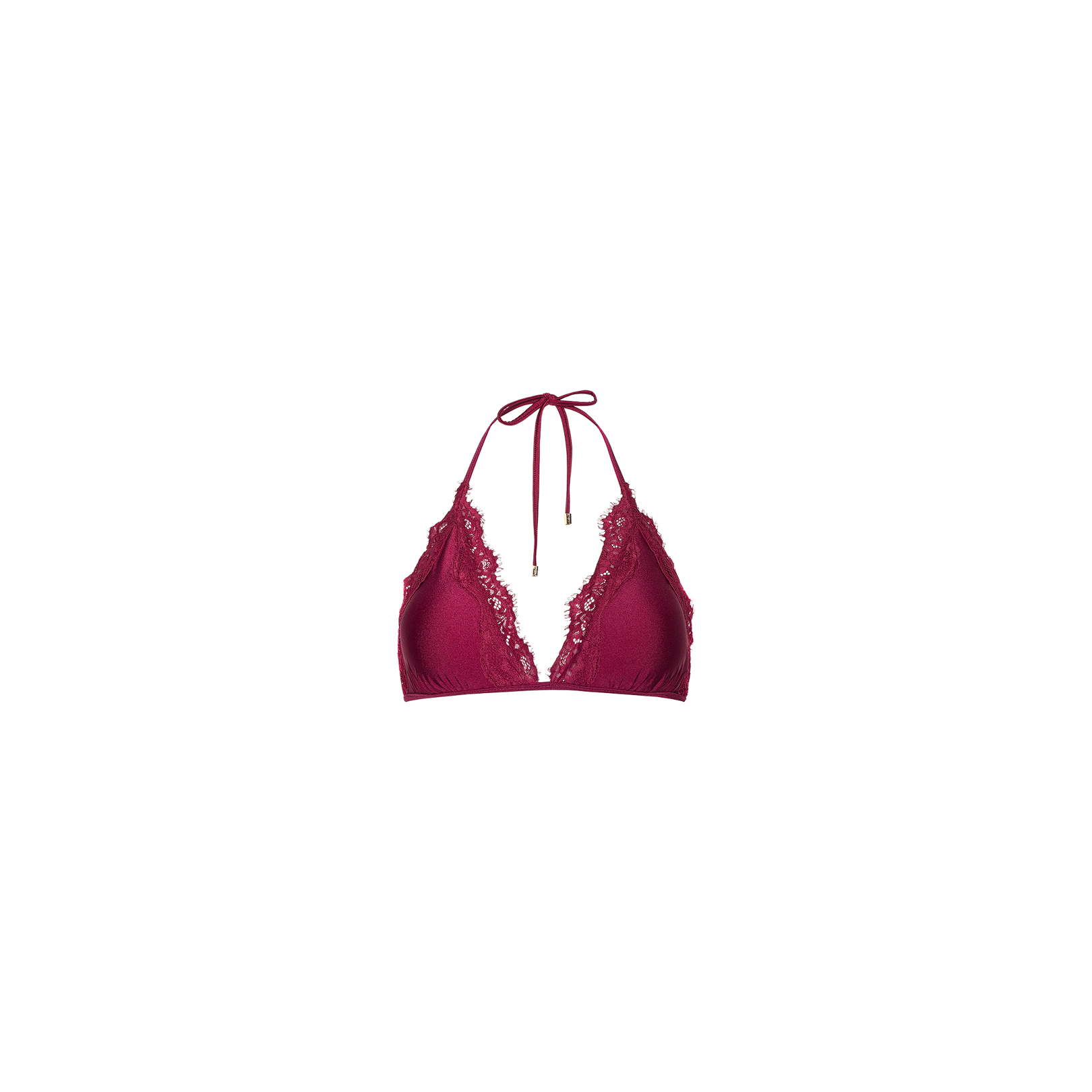 The Annabelle Triangle Bikini Top, featuring a burgundy hue, delicate lace trim, a plunging neckline, and halter tie strings, is displayed on a plain white background.